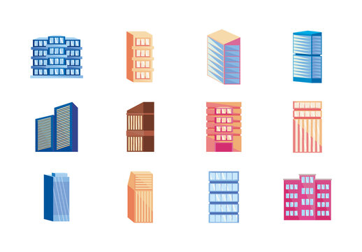Colorful Flat Building City Skyscraper Illustrations Set