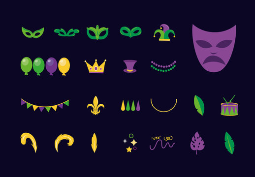 Purple and Green Mardi Gras Party Illustrations Set