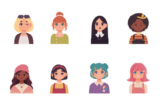 Colorful Cute Girl Character Avatar Illustration Set