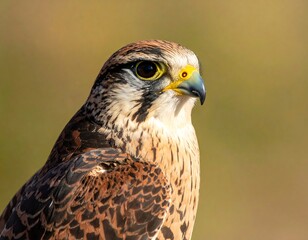 Close-up of a bird of prey with detailed feathers, focused gaze