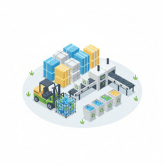 Obraz premium Isometric Garbage Sorting and Recycling Management with Forklift in Clean Flat Vector Style