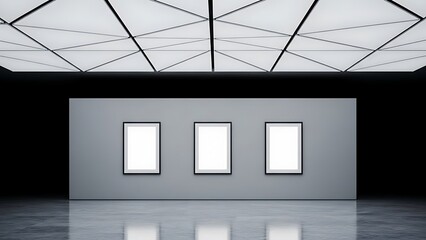 Three blank elegant frames hang on a gray gallery wall with dramatic lighting and a reflective black marble floor