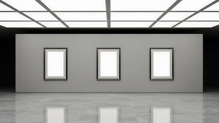 Three blank elegant frames hang on a gray gallery wall with dramatic lighting and a reflective black marble floor