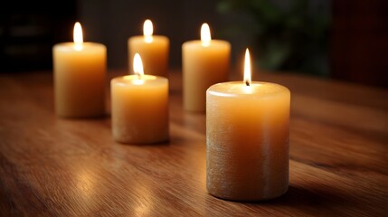 Multiple lit candles casting a warm glow on a wooden table creating a peaceful ambiance
