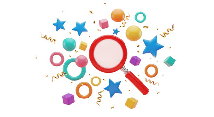Obraz premium Magnifying Glass with Colorful Geometric Shapes and Confetti isolated on a transparent background