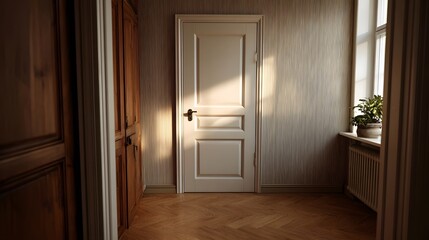 Fototapeta premium A serene interior scene with sunlight illuminating a closed white door and a wooden floor