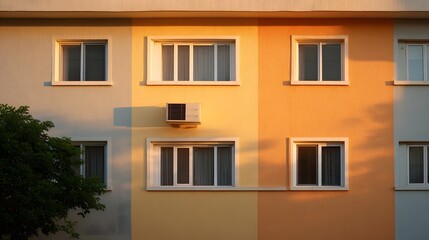 Obraz premium Facade of a modern apartment building with colorful walls illuminated by warm sunset light