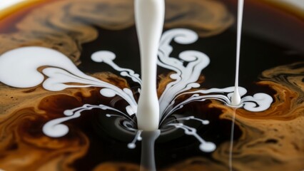 Cream pouring into coffee creating beautiful abstract patterns and swirls.
