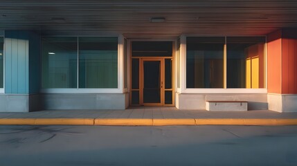 Modern building entrance with colorful facade and large during golden hour