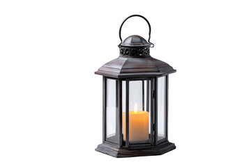 Rustic metal lantern with lit candle inside on black background light flame, Png, Isolated on Transparent Background, Cut Out