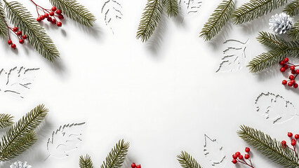 Illustration of christmas border with pine branches and red berries isolated on white background for holiday greeting cards and festive invitations