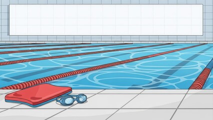 Obraz premium Empty indoor swimming pool with lane lines, kickboard, and goggles.