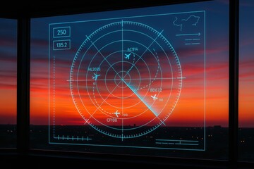 Radar in the Sunset: A detailed radar display showcasing an aircraft at sunset, with its atmospheric beauty mirrored through a panoramic window, offering a view of flight tracking and navigation.