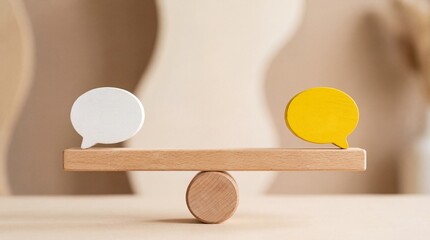 Two speech bubbles on wooden seesaw representing balance in communication