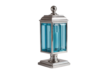 Silver lantern with blue glass panels and decorative finial on black background metal, Png, Isolated on Transparent Background, Cut Out