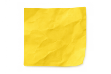 Crumpled yellow sticky note providing blank textured space for business message or reminder on transparent background