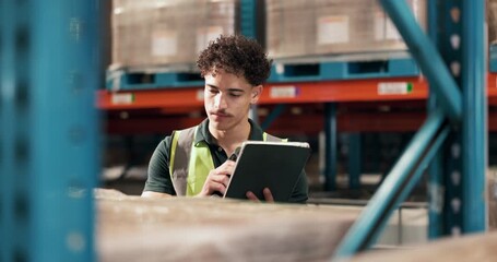 Man, scan and box with tablet in warehouse for barcode, stock control and inventory management. Person, digital or scanner for package price, shipping information and qr code for distribution details - Powered by Adobe