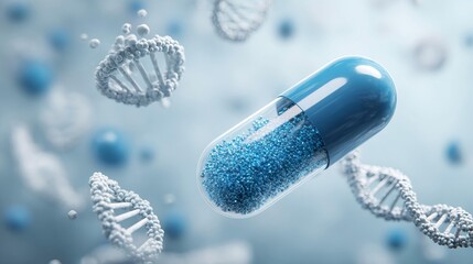 A blue capsule is placed in the center of the picture, containing blue particles. White molecular structures and DNA double helix structures float around the capsule.