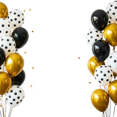 Bunch of balloons in gold, black and white isolated on transparent background