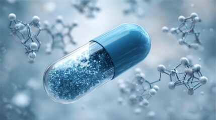 A blue capsule is placed in the center of the picture, containing blue particles. White molecular structures and DNA double helix structures float around the capsule.