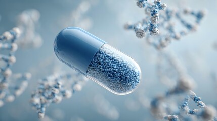 A blue capsule is placed in the center of the picture, containing blue particles. White molecular structures and DNA double helix structures float around the capsule.