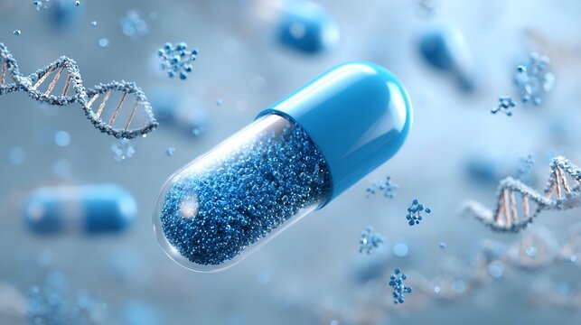 A blue capsule is placed in the center of the picture, containing blue particles. White molecular structures and DNA double helix structures float around the capsule. - Powered by Adobe