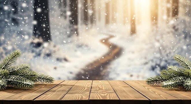 Wooden table in a snowy forest with sunbeams and pine trees - Powered by Adobe