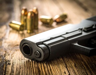 Obraz premium Close-up of a black pistol and ammunition on a wooden surface