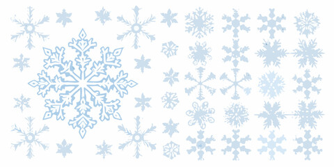 A collection of delicate light blue snowflakes arranged on a white background