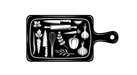 Kitchen Tools and Vegetables on Cutting Board Illustration.