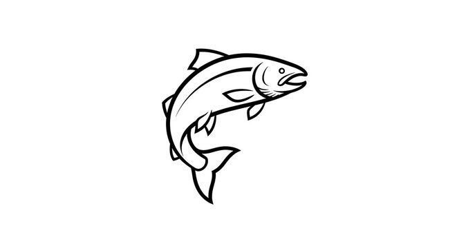 Jumping salmon fish black and white line art illustration.