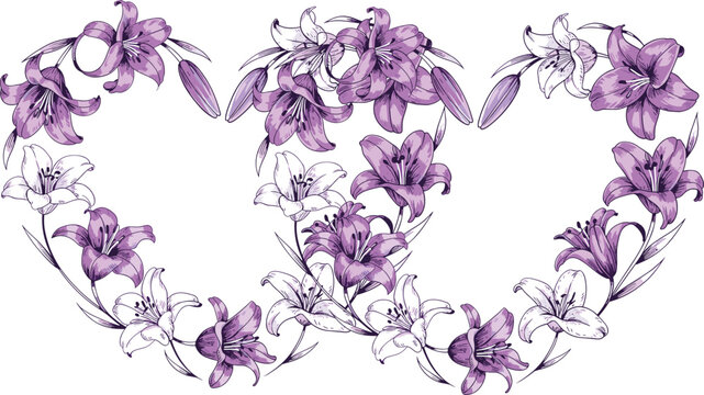 Elegant botanical wreath of purple and white lilies, hand drawn floral illustration for wedding decor, invitations, spring design artwork nature - Powered by Adobe