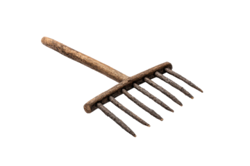 Rustic wooden rake with seven tines on black background tool garden, Png, Isolated on Transparent Background, Cut Out
