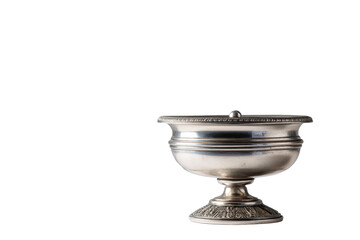 Ornate silver footed bowl with decorative rim and base against black antique vintage, Png, Isolated on Transparent Background, Cut Out