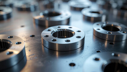 Close-up view of numerous shiny metallic industrial components with internal splines, arranged on a reflective surface in a manufacturing setting.