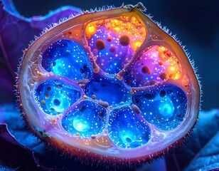 Close-up of a cut exotic fruit glowing with vibrant colors