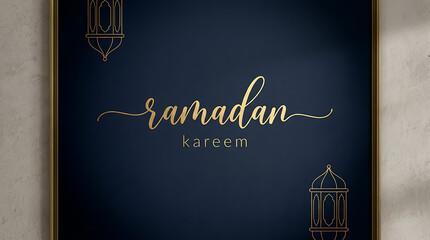 Ramadan Kareem greeting card with golden calligraphy and lanterns on a dark blue background.