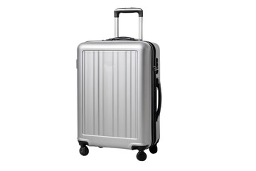 Silver wheeled suitcase with black handle and wheels on black background luggage travel, Png, Isolated on Transparent Background, Cut Out