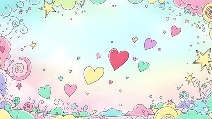 Whimsical pastel background with colorful hearts clouds and stars adorable children's illustration for design
