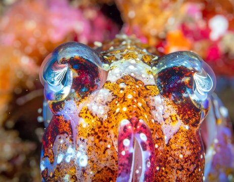 Close-up of a cuttlefish with large, iridescent eyes
