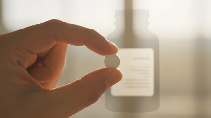 Hand holding pill near smart home device.