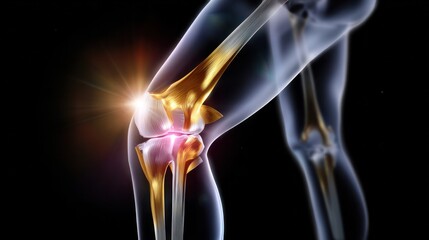 Anatomy of the Knee Joint: A detailed, illuminated view of the knee, highlighting the intricate structure of bones and ligaments, emphasizing its pivotal role in movement and mobility. 