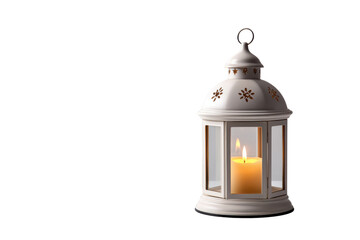 White ornate lantern with lit candle on black background flame, Png, Isolated on Transparent Background, Cut Out