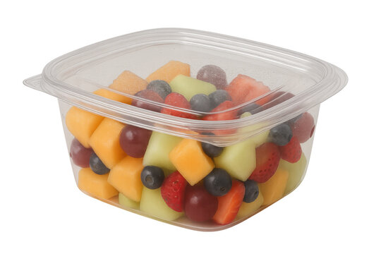 Fresh fruit salad in clear plastic container, a healthy snack, ready-to-eat takeout meal prep, studio shot, transparent background