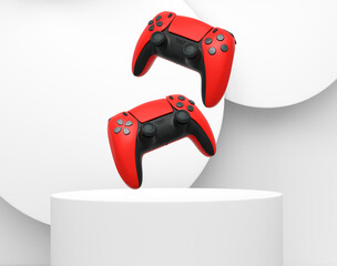 Colorful gaming controllers joystick levitating over podium against abstract background, minimalist concept device on pedestal