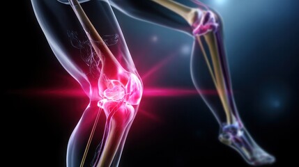 Joint Pain Illustration: A detailed, illuminated, medical illustration highlights the knee and surrounding skeletal structure with a focus on acute inflammation.