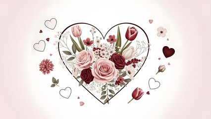 heart shaped floral arrangement with pink and red roses tulips and baby breath flowers on white background