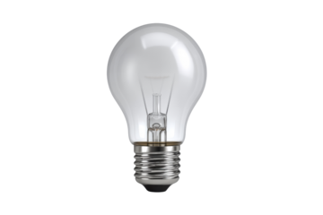 Clear glass incandescent light bulb with metal screw base on black lightbulb, Png, Isolated on Transparent Background, Cut Out
