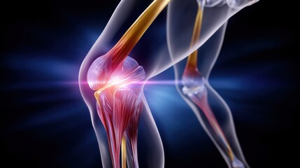 Obraz premium Medical Illustration of a Knee Joint in Pain: A striking medical illustration depicts the knee joint, illuminated to emphasize pain and inflammation.
