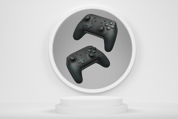 Colorful gaming controllers joystick levitating over podium against abstract background, minimalist concept device on pedestal